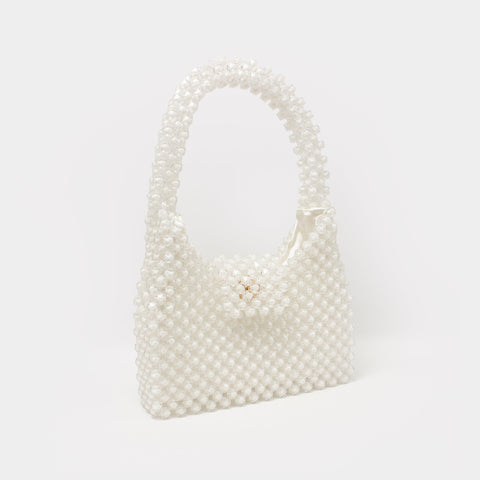 HANDMADE DOUBLE TONE BEADED HAND BAG - WHITE KKB-05