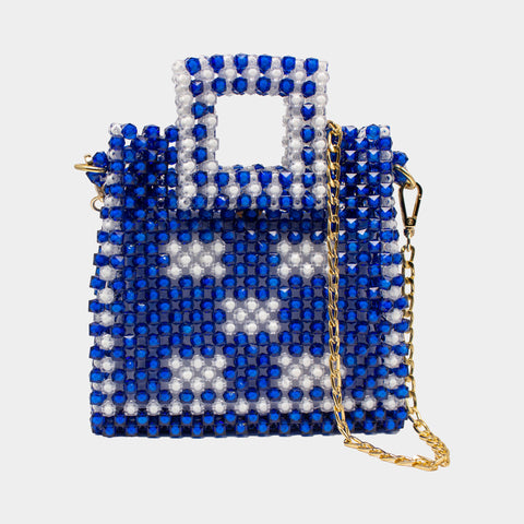 HANDMADE DOUBLE TONE BEADED HAND BAG - BLUE & WHITE KKB-09