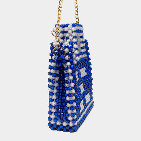 HANDMADE DOUBLE TONE BEADED HAND BAG - BLUE & WHITE KKB-09