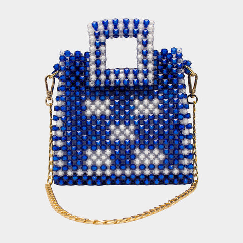 HANDMADE DOUBLE TONE BEADED HAND BAG - BLUE & WHITE KKB-09