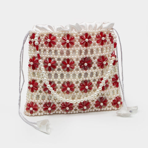 HANDMADE CRYSTAL AND PEARL HAND BAG - RED & WHITE KKB-07