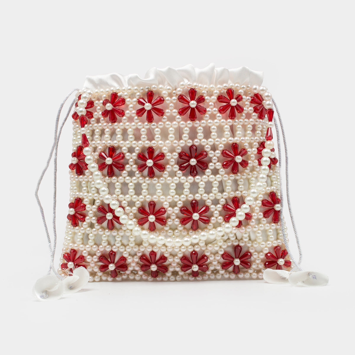 HANDMADE CRYSTAL AND PEARL HAND BAG - RED & WHITE KKB-07