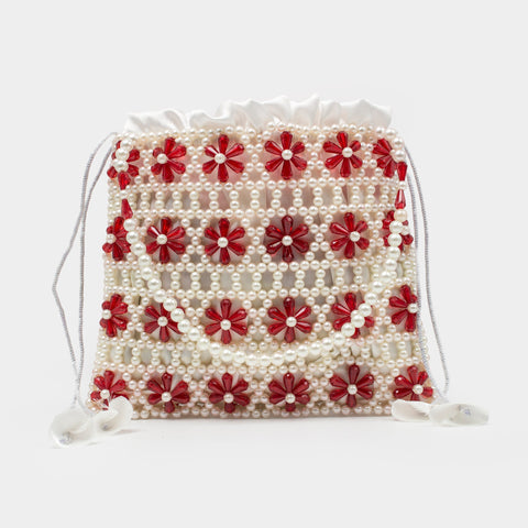 HANDMADE CRYSTAL AND PEARL HAND BAG - RED & WHITE KKB-07